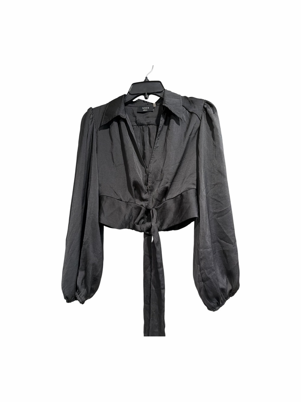 VICI Size Small Black Satin Cropped Tie-Front Blouse with Balloon Sleeves